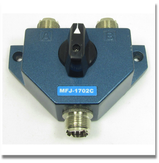 MFJ-1702 ANTENNA SWITCH
2 Position Antenna Switch with Lightning Arrest
Better than 60 dB isolation at 300 MHz
Better than 50 dB at 450MHz
Less than 0.2 dB insertion loss
SWR below 1.2:1
SO-239 connectors
Only 3x2x2 inches MFJ-1702 ANTENNA SWITCH
2 Position Antenna Switch with Lightning Arrest
Better than 60 dB isolation at 300 MHz
Better than 50 dB at 450MHz
Less than 0.2 dB insertion loss
SWR below 1.2:1
SO-239 connectors
Only 3x2x2 inches